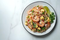 Homemade shrimp fried rice with eggs, peas, carrots and fresh herbs served on white plate against marble background. Asian cuisine for menu or cookbook.