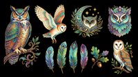 Colorful owl collection with barn owl, feathered wings, and decorative foliage elements isolated on transparent background. Ready for t-shirt design, clipart, stickers, and print-on-demand products.