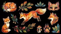Autumn fox collection with leaves, mushrooms, and forest elements isolated on transparent background, ready for t-shirt design, clipart, stickers, sublimation, and print-on-demand projects.