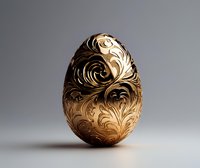 Luxurious golden egg with ornate baroque floral pattern and swirling decorative elements on gray background. Elegant metallic surface with intricate engraved design.