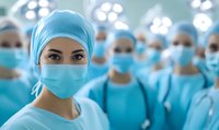 Female surgeon in protective mask and scrub cap with medical team in operating room background, focus on confident eyes during healthcare procedure.