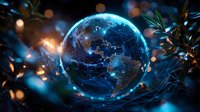 Digital globe with glowing network connections against dark background with bokeh lights, representing global technology and communications.