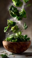 Fresh green lettuce leaves floating with steam above wooden bowl on dark background, dramatic food photography with natural lighting and moody atmosphere.