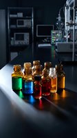 Colorful chemical samples in glass vials on laboratory table with scientific equipment in background for research and analysis testing.