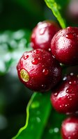 Fresh ripe cherries with water drops on dark red surface against blurred green leaves background, macro shot showing juicy fruit texture and natural moisture.