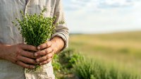 Farmer holding fresh green seedling sprout in hands over blurred agricultural field background, representing sustainable farming and crop growth for agriculture industry.