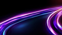 Glowing curved light trails with vibrant purple, pink and blue neon colors against dark background create dynamic motion effect for technology and speed concepts.
