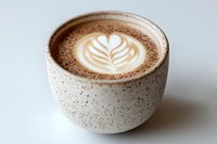 Creamy latte art with leaf pattern in speckled ceramic cup on white surface, showcasing artisanal coffee craftsmanship and modern cafe presentation style.