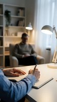 Person writing in notebook at modern home office desk with warm lighting and blurred colleague in background for productivity and teamwork concepts.