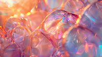Luminous abstract background with translucent organic shapes in coral pink and blue tones creating ethereal light effects and flowing liquid glass textures.