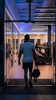 Athletic man entering modern gym with sports bag at evening, contemporary fitness center interior with LED lighting and exercise equipment.