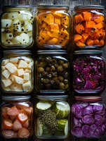 Assorted fermented vegetables and pickles in glass jars arranged in rows, including radishes, carrots, cabbage, cucumbers, and olives. Colorful preserved food.