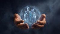 Protective hands holding glowing family silhouettes in ethereal light representing care, security and guardianship for insurance concepts.