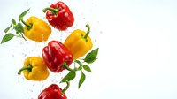 Fresh red and yellow bell peppers with green leaves splashing in water droplets isolated on white background for healthy cooking and nutrition.