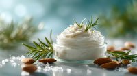 Natural organic skincare cream with rosemary herbs and almonds on white background. Spa beauty treatment moisturizer for healthy skin care routine.