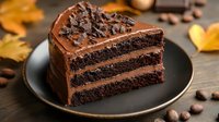 Slice of rich chocolate layer cake with dark ganache frosting and chocolate shavings on black plate, surrounded by autumn leaves and cocoa beans.