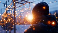 Young man holding sparkler at dusk with festive string lights creating magical bokeh effect in background, snow falling creates dreamy winter atmosphere.