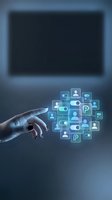 Hand touching glowing digital social media icons and user profile symbols floating in air against dark background for networking and communication concepts.