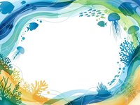 Underwater ocean frame with jellyfish, coral reefs and marine life in blue and green watercolor style for aquatic themed designs and presentations.