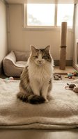 Fluffy tabby cat sitting on knitted blanket in cozy living room with natural sunlight streaming through window and cat toys scattered around.