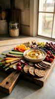 Colorful charcuterie board with hummus, fresh vegetables, fruits, crackers and nuts arranged on wooden cutting board in rustic kitchen setting.