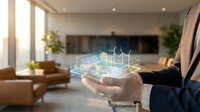 Businessman holding holographic smart city with renewable energy infrastructure and wind turbines for sustainable urban development and green technology solutions.