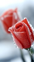 Fresh red rose with morning dew drops and frost creating a romantic atmosphere against soft gray background. Macro photography captures delicate water beads on petals.