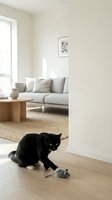 Black cat playing with toy mouse on wooden floor in minimalist living room with gray sofa, natural light, and neutral decor for home interior design projects.