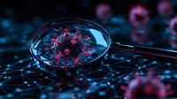 Magnifying glass examining glowing red virus cell on dark blue network background, scientific research concept for medical and healthcare visualization.