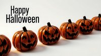 Happy Halloween carved pumpkins with glowing jack-o-lantern faces arranged in a row on white background. Seasonal decoration for autumn holiday designs and festive marketing materials.