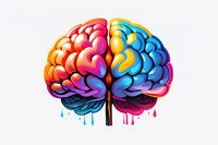 Colorful artistic brain illustration with rainbow gradient colors and dripping paint effect on white background, showing left and right hemispheres in vibrant spectrum.