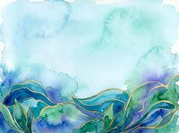 Watercolor abstract landscape with flowing waves in shades of blue, green, and purple, featuring organic leaf-like shapes along the bottom border. Suitable for backgrounds, wallpapers, and design projects.