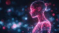 Glowing pink and blue digital silhouette of female profile against dark background with bokeh lights, representing technology and artificial intelligence.