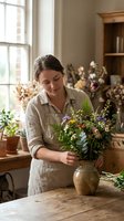 Young Caucasian woman florist arranging wildflower bouquet in ceramic vase at rustic wooden table in bright flower shop studio workspace.