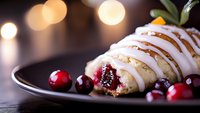 Sweet pastry roll filled with cranberry jam, topped with white icing drizzle and fresh cranberries on dark plate against blurred holiday lights background.