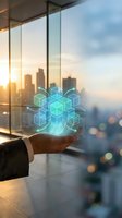 Businessman holding glowing blockchain network hologram above palm, city skyline at sunset in background, digital finance technology concept.