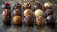 Assorted luxury chocolate truffles and pralines with different toppings and decorations arranged on dark rustic background. Gourmet confectionery concept.