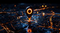 Glowing location pin on dark futuristic city map with orange light effects and street network, navigation and GPS technology concept for transportation.