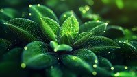 Fresh green leaves covered in morning dew drops sparkle with magical bokeh lights against dark background, creating ethereal natural macro photography effect.