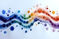 Colorful flowing waves with floating bubbles and spheres in rainbow spectrum colors on white background, abstract watercolor style pattern for creative design projects.