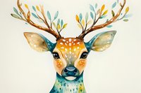 Whimsical watercolor deer portrait with floral antlers featuring soft teal and yellow tones, spotted pattern, and delicate botanical elements on light background.