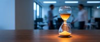 Hourglass with golden sand on wooden desk in modern office, blurred business people in background, time management concept.