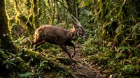 Wild deer with antlers walking through dense forest undergrowth in natural woodland habitat during golden hour lighting for wildlife and nature photography.