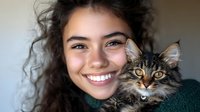 Young Hispanic woman with curly hair smiling while holding adorable tabby kitten with striking yellow eyes. Pet ownership and companionship concept.