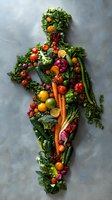 Fresh vegetables and fruits arranged in female silhouette shape on grey background. Creative healthy eating concept for nutrition and wellness lifestyle.