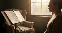 Young woman musician contemplating sheet music on chair by window in warm sunlit room creating peaceful artistic atmosphere for creative inspiration.