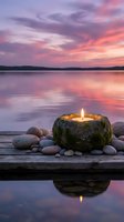 Zen stone candle glowing on wooden dock at peaceful lake during magical sunset with purple pink sky reflection creating serene meditation atmosphere.