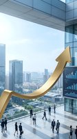 Golden upward arrow symbolizing business growth and financial success in modern office setting with city skyline view, used for corporate presentations and investment concepts.