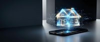 Digital holographic house model emerging from smartphone screen with glowing particles and light effects for real estate technology applications.