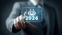 Caucasian businessman in suit touching futuristic holographic interface with robot icon and 2026 text, representing artificial intelligence and future technology.